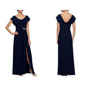 Alex Evenings Cowl Neck Beaded Waist Gown Navy Blue Size 12 NWT